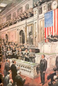De Gasperi parla al Congresso degli Stati Uniti d'America in una tavola a colori dell'epoca